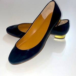 J. Crew Harper Black Patent Gold Heel Flats Size 8